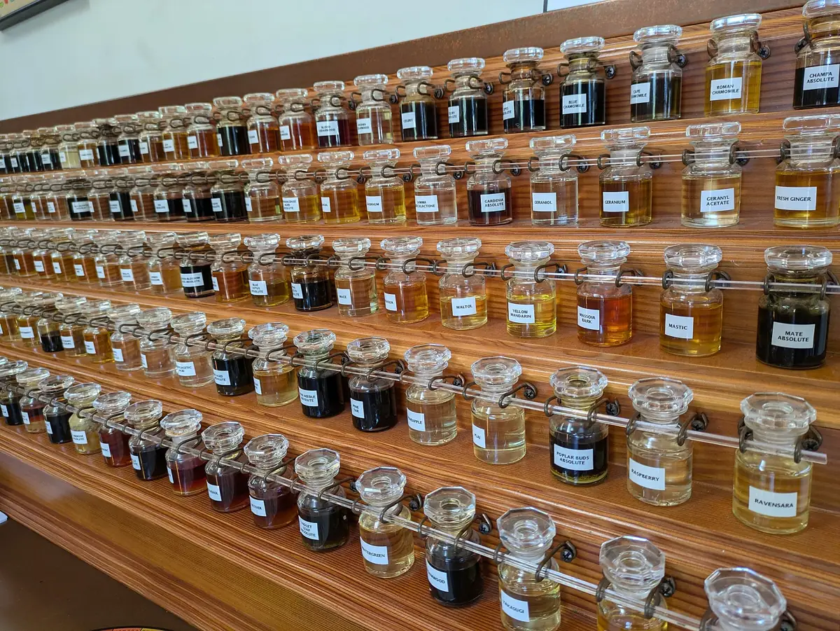 Étagères garnies de flacons de parfum